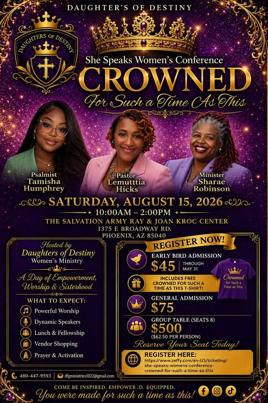 Promotional poster for the Crowned women's conference with three speakers, gold crown motif, and purple-gold design. Includes event title and date/time details.