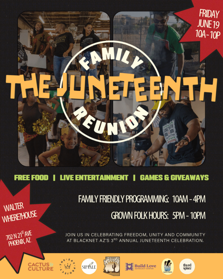 Poster advertising a family Juneteenth reunion event: collage of photos with bold 'THE JUNETEENTH REUNION' text and schedule details (Friday June 19, 10a-10p).