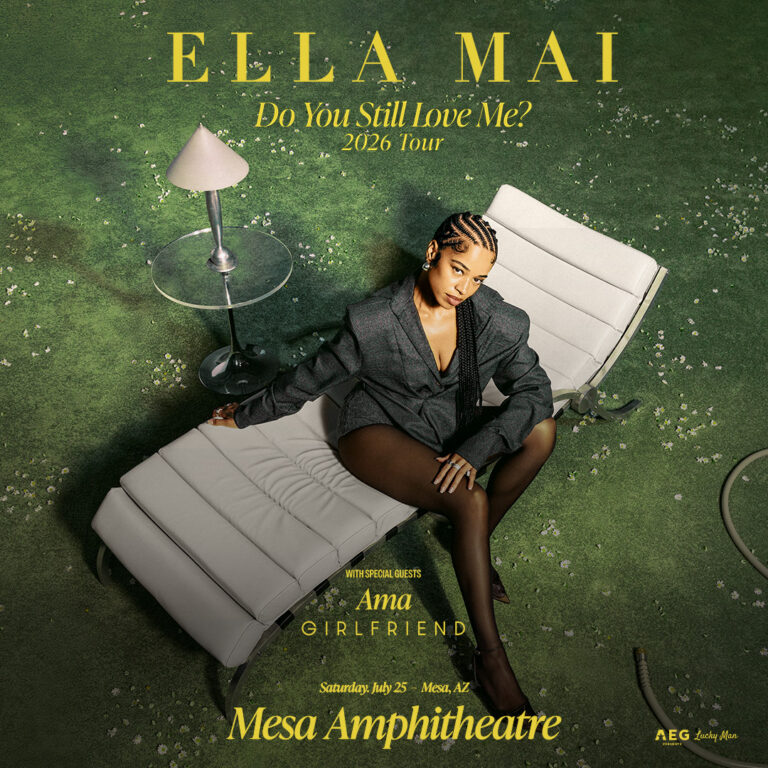 Promotional poster for Ella Mai's 'Do You Still Love Me?' 2026 Tour featuring Ella Mai on a white outdoor lounge chair on a grassy surface with event text above and below.