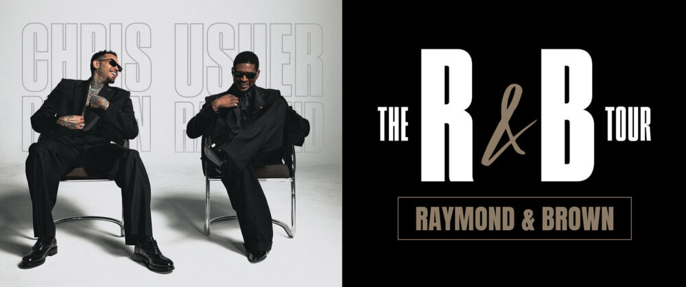 Promo banner showing two men in suits on the left and 'The R&B Tour' graphic with 'Raymond & Brown' on a black background to the right.