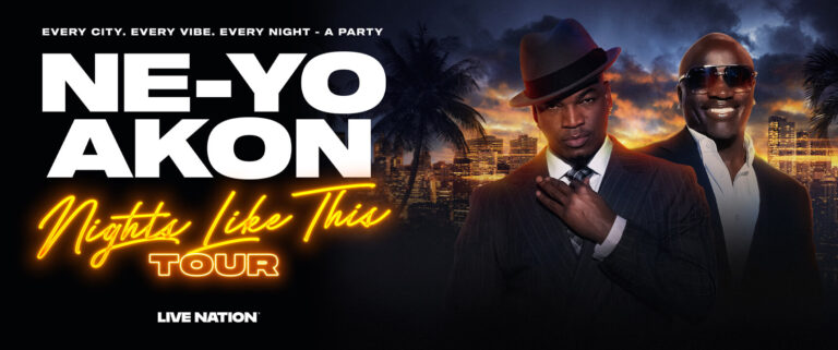 Promotional banner for Ne-Yo and Akon Night Like This Tour with two men in suits against a city skyline at sunset.