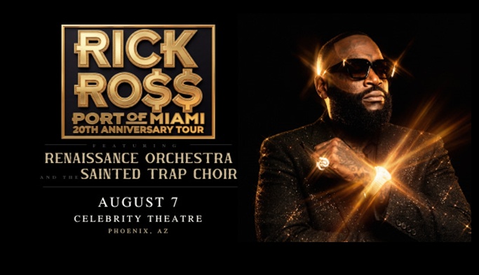 Poster promoting Rick Ross's Port of Miami 20th Anniversary Tour with Renaissance Orchestra and Sainted Trap Choir; date Aug 7, Phoenix, AZ, featuring Rick Ross in sunglasses with gold accents.
