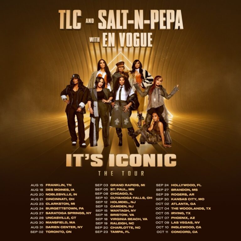 Poster for TLC and Salt-N-Pepa with En Vogue tour: 'It's Iconic' headline and lineup of artists on a gold stage backdrop.