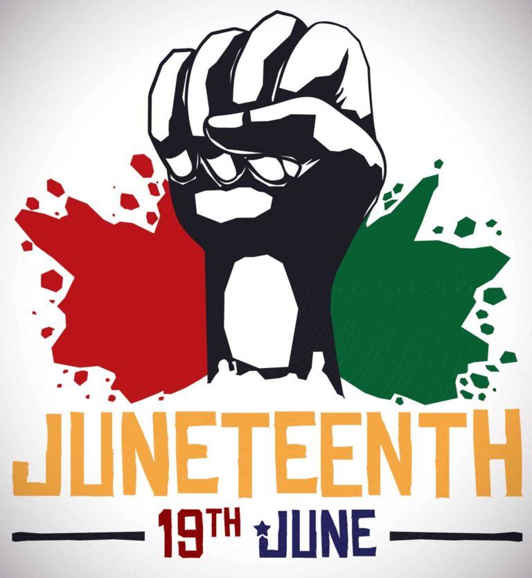 Raised clenched fist with red and green paint splashes in the background, Juneteenth 19th June text below.