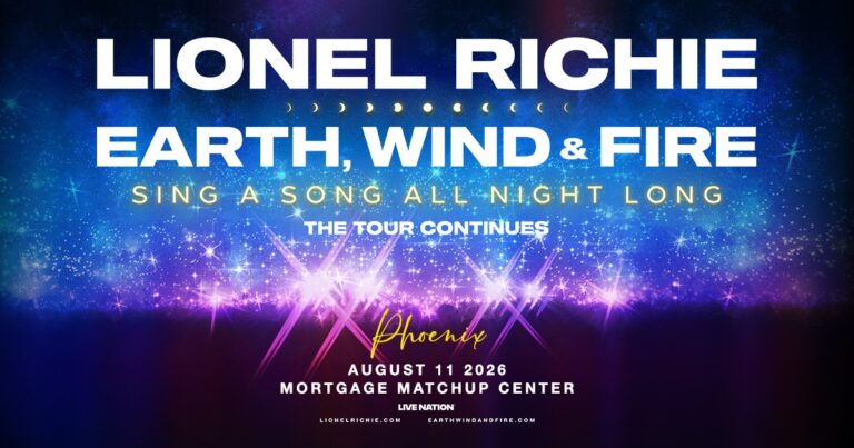 Concert poster for Lionel Richie with Earth, Wind & Fire promoting the tour, Phoenix date August 11, 2026, at a venue name partially shown on the poster (live show banner).