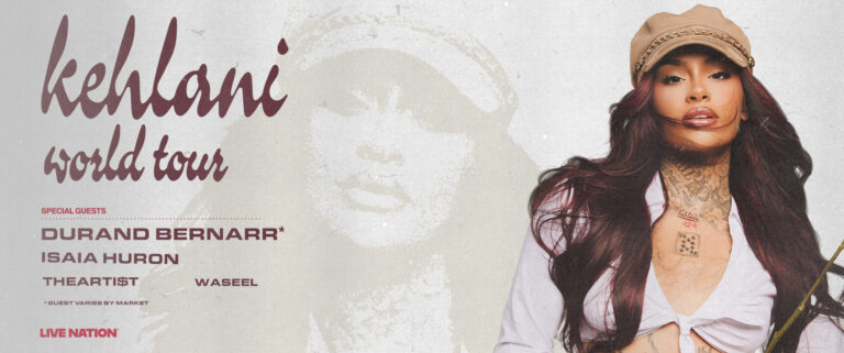 Kelhani World Tour poster showing a female artist in a tan cap and knotted white top on the right, with tour lineup and guests listed on the left.