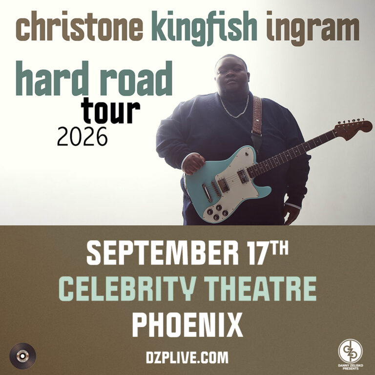 Poster for Christone Kingfish Ingram's Hard Road Tour 2026; guitarist with teal guitar, Sept. 17 at Celebrity Theatre, Phoenix.