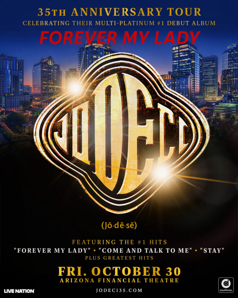 Promotional concert poster for Jodeci's Forever My Lady tour—gold JODECI logo over a cityscape at dusk, with tour details and date.