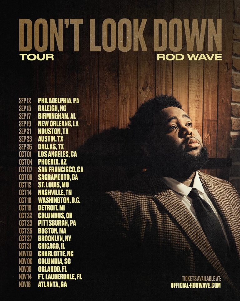 Promotional poster for Rod Wave's Don't Look Down Tour with a portrait of Rod Wave on the right and a left column of tour dates and cities