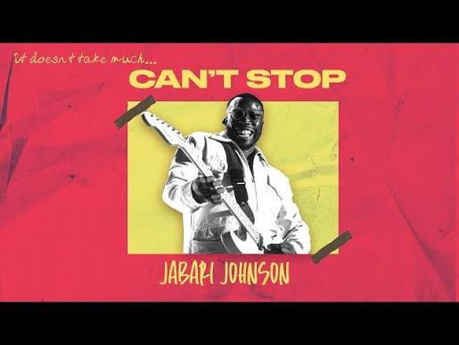 Promotional poster for 'CAN'T STOP Jabari Johnson' featuring a smiling man in a white suit pointing, framed by a yellow rectangle on a red background with handwritten text.