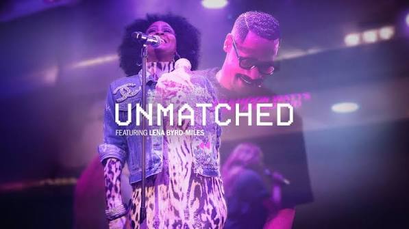 Promotional image for the track 'Unmatched' featuring Lena Byrd-Miles, showing a female singer at a microphone and a guitarist on a purple-lit stage.