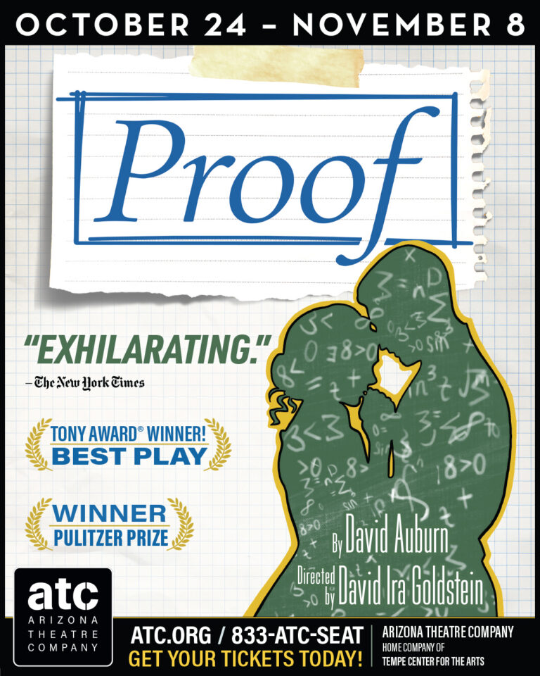 Poster for the play Proof featuring the blue title 'Proof' on a torn notebook page and a green silhouette of two people embracing against a graph-paper background with math scribbles and awards logos.