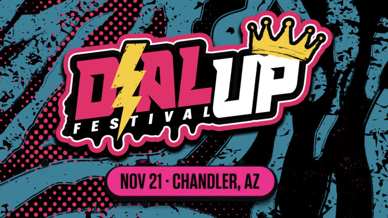 Dalup Festival poster with bold pink and white title, a yellow crown, teal and black abstract background, and a pink badge reading 'NOV 21 • CHANDLER, AZ'