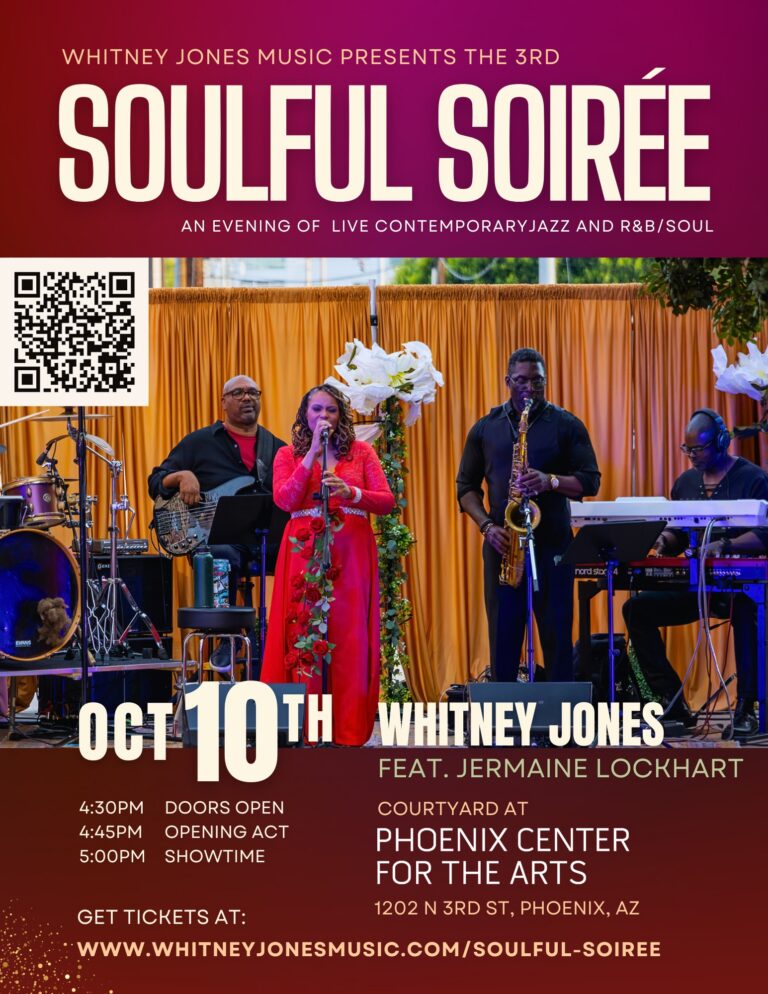 Poster for 'Soulful Soiree' featuring Whitney Jones with Jermaine Lockhart at the Phoenix Center for the Arts on Oct 10; doors 4:30 PM, show 5:00 PM; includes a QR code and ticket link.
