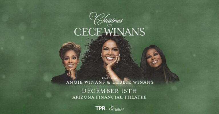 Christmas with CeCe Winans concert poster featuring Angie Winans & Debbie Winans, December 15 at Arizona Financial Theatre (green background).